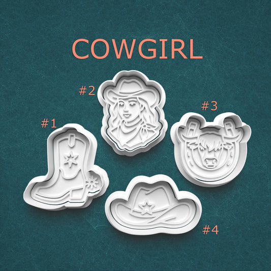 Set of cowgirl-themed cookie cutters on a teal background with 'COWGIRL' text.