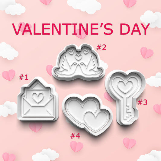 Valentine's Day cookie cutters on a pink background with hearts and clouds.