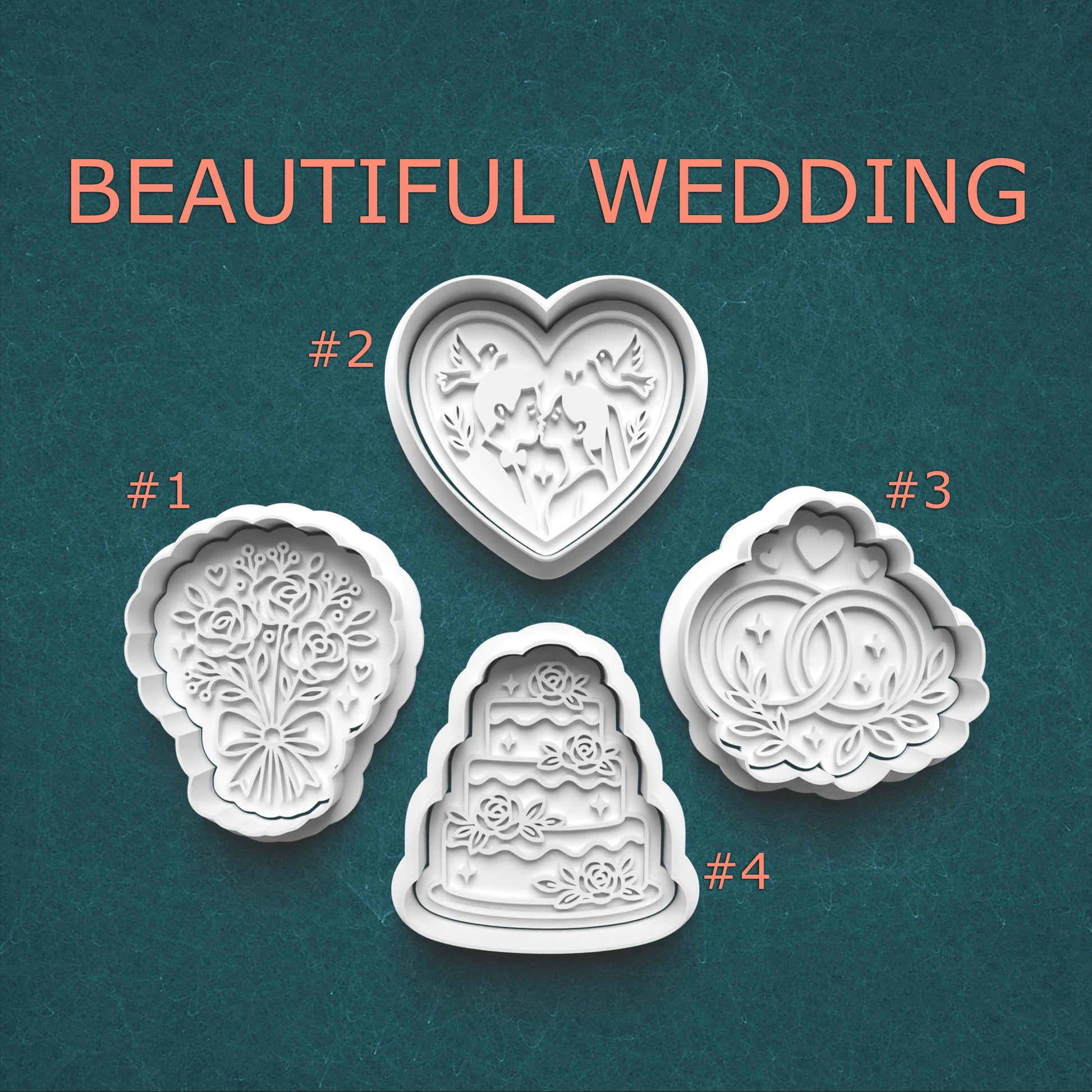 Set of four wedding-themed cookie cutters on a teal background with 'Beautiful Wedding' text.