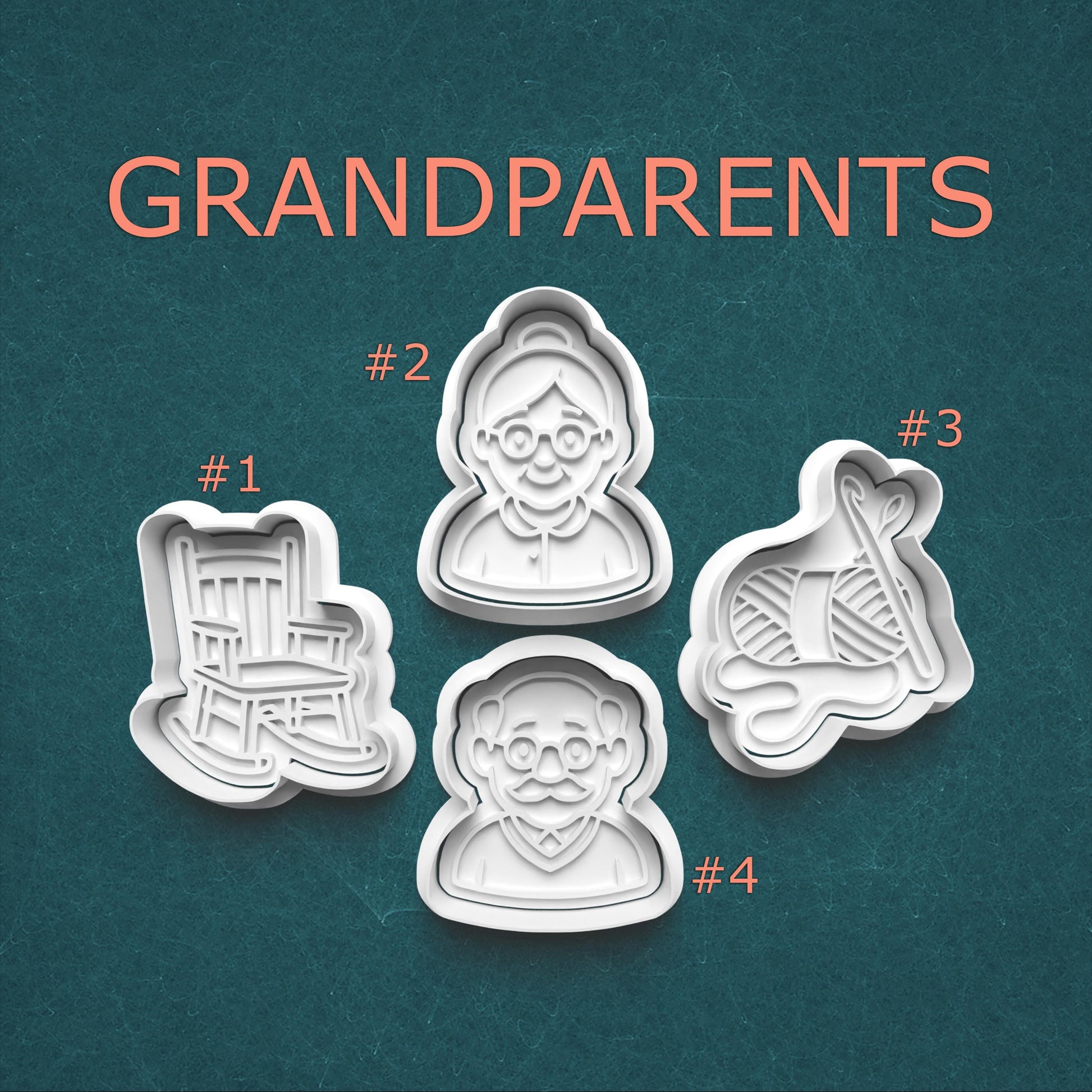 Set of cookie cutters shaped like grandparents on a teal background