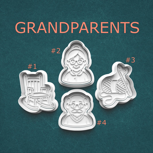 Set of cookie cutters shaped like grandparents on a teal background