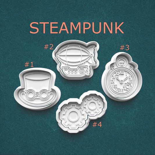 Steampunk Cookie Cutter & Stamp Set – Gears, Airship, Pocket Watch & Hat