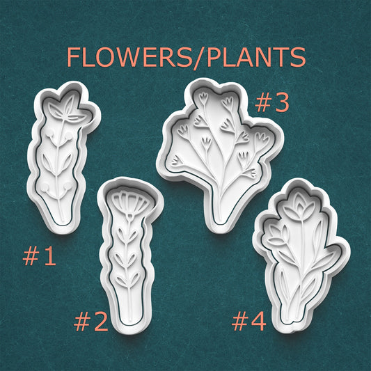 Set of four floral cookie cutters on a teal background with text indicating their numbers.
