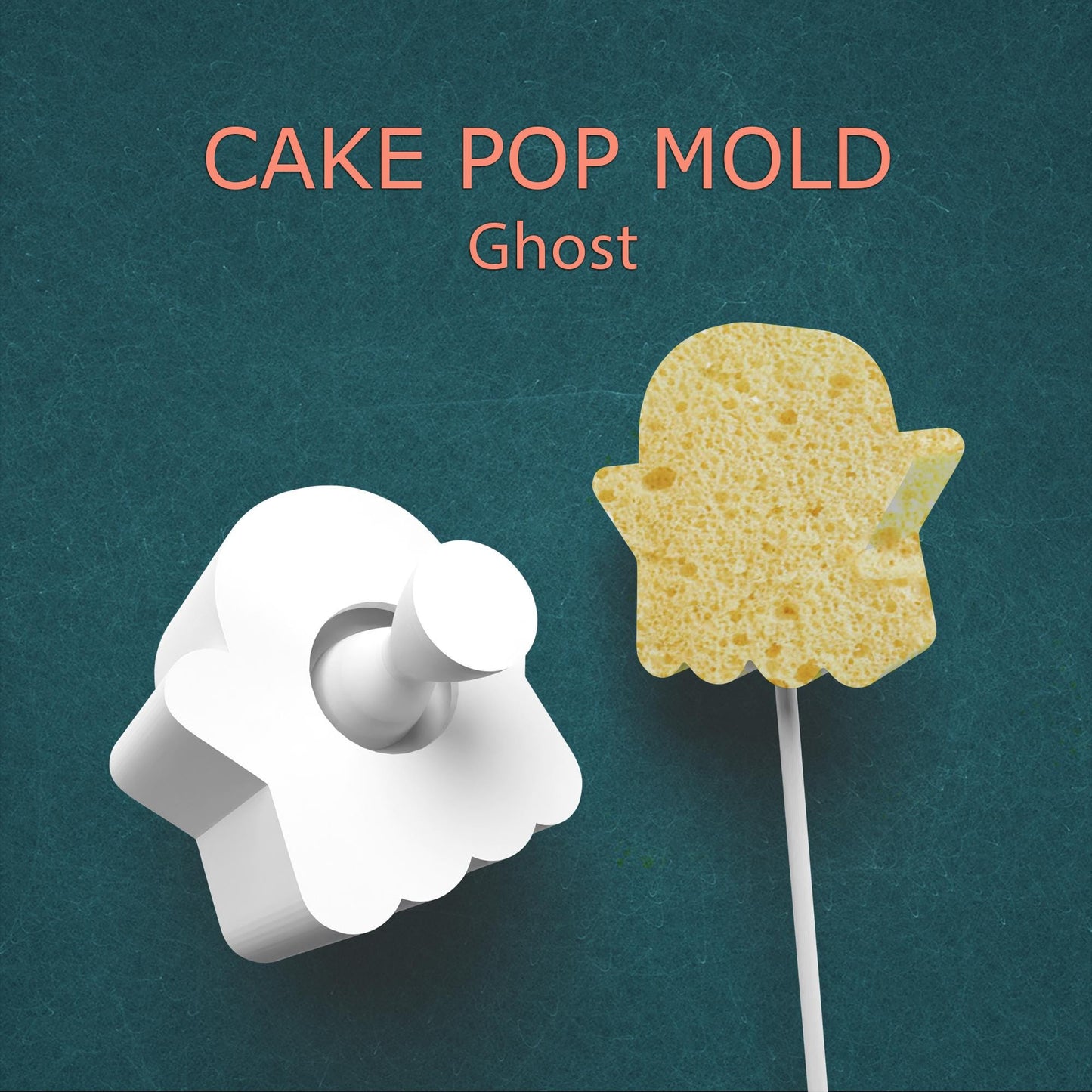 Ghost-shaped cake pop mold with a yellow cake pop on a teal background