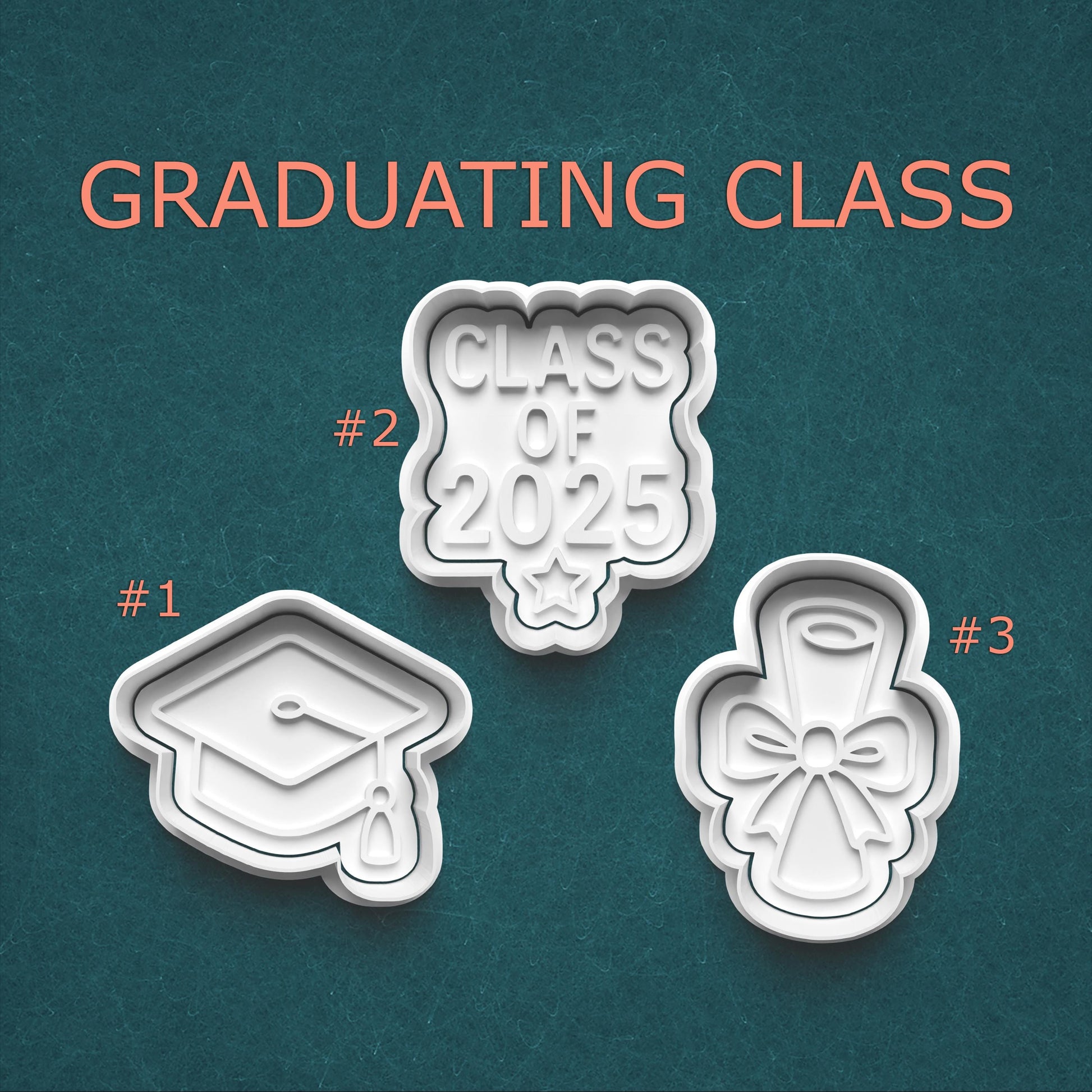 Three cookie cutters with graduation-themed designs on a teal background.