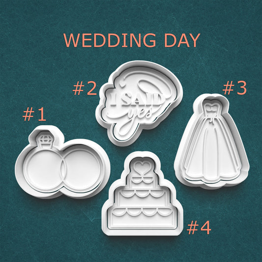 Set of wedding-themed cookie cutters on a teal background with 'Wedding Day' text.