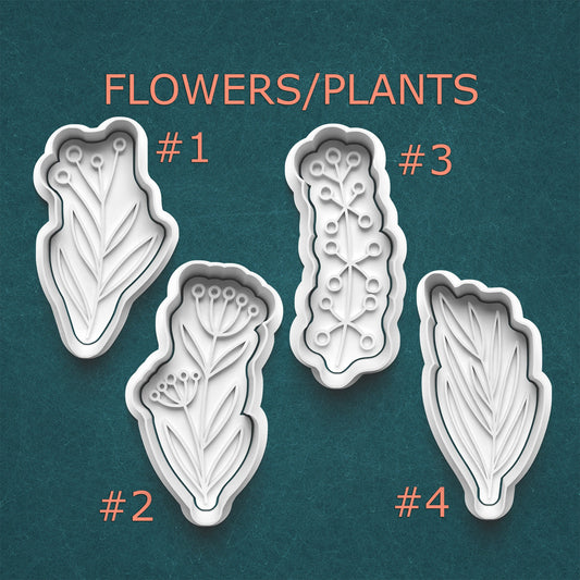 Set of four floral cookie cutters on a teal background with text indicating their names.