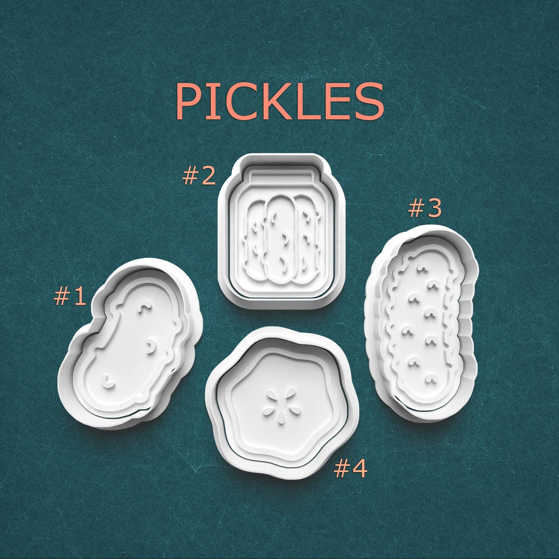 Four pickle-shaped cookie cutters on a teal background with 'PICKLES' text above.