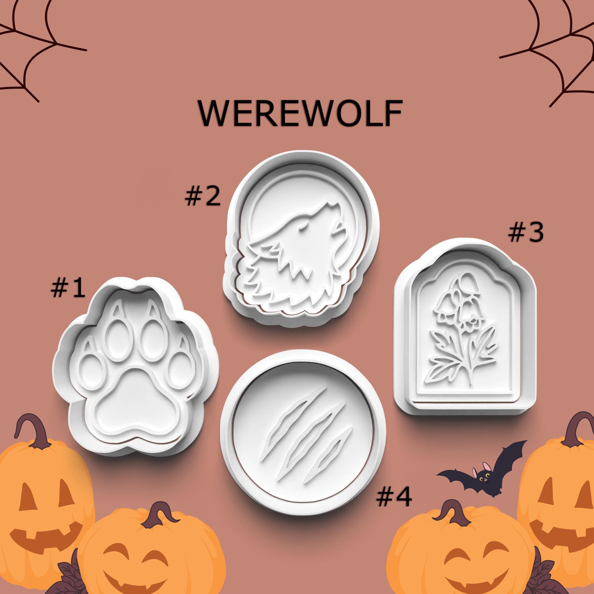 Set of Halloween-themed cookie cutters with designs of a paw print, wolf, tombstone, and paw prints on a brown background with pumpkins and bats.