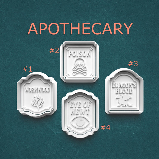 Four apothecary labels with text on a teal background