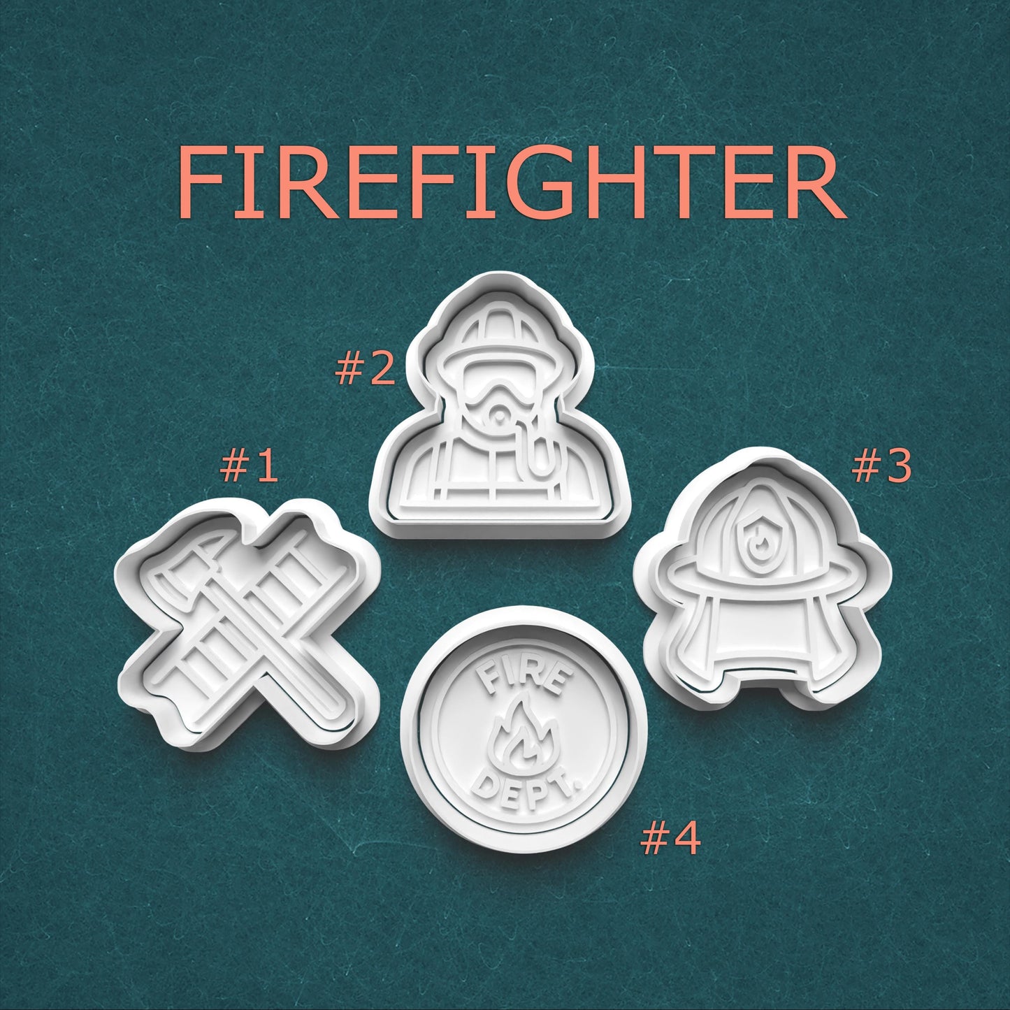 Set of four firefighter-themed cookie cutters on a teal background with 'FIRE DEPT.' text.