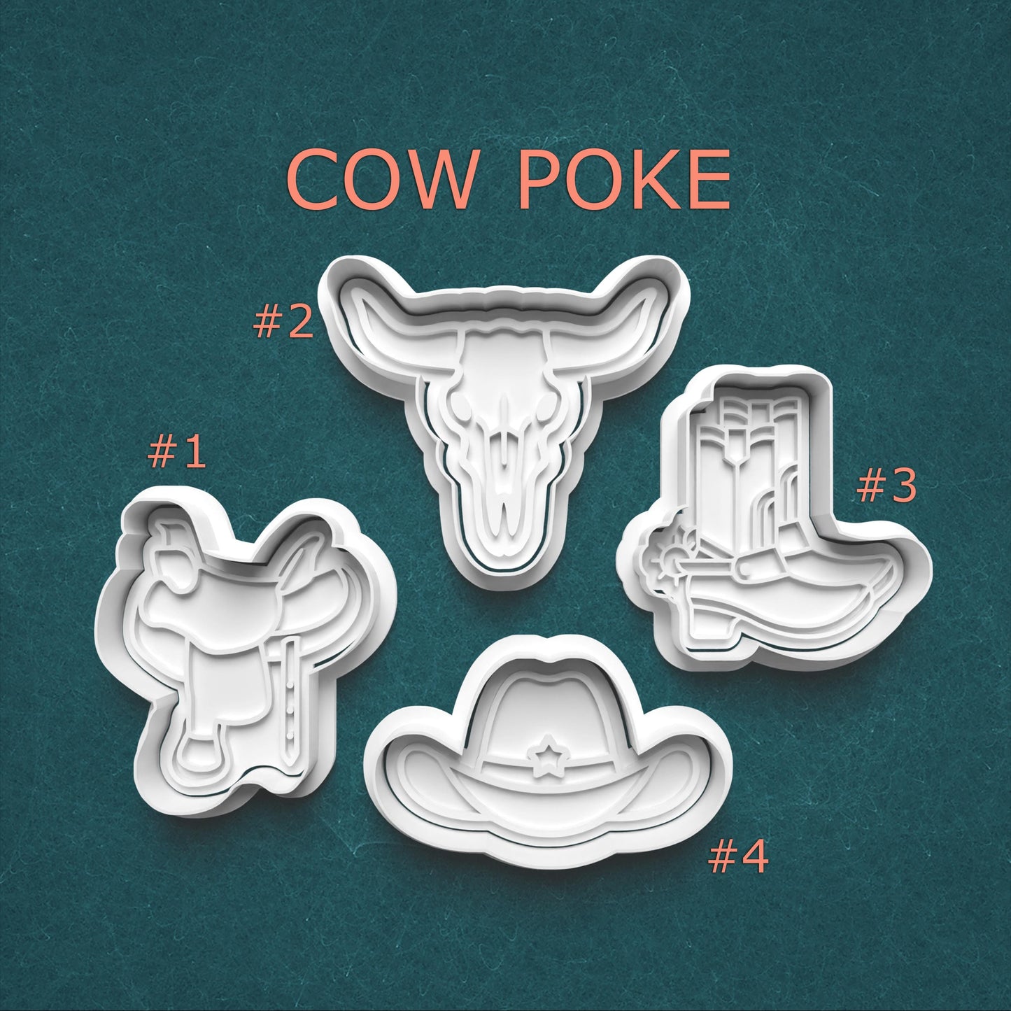 Four cookie cutters shaped like a cowboy hat, boot, saddle, and skull on a teal background with 'Cow Poke' text.