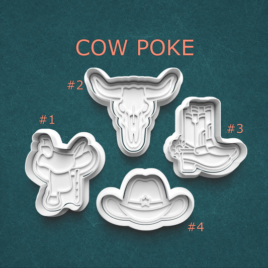 Four cookie cutters shaped like a cowboy hat, boot, saddle, and skull on a teal background with 'Cow Poke' text.