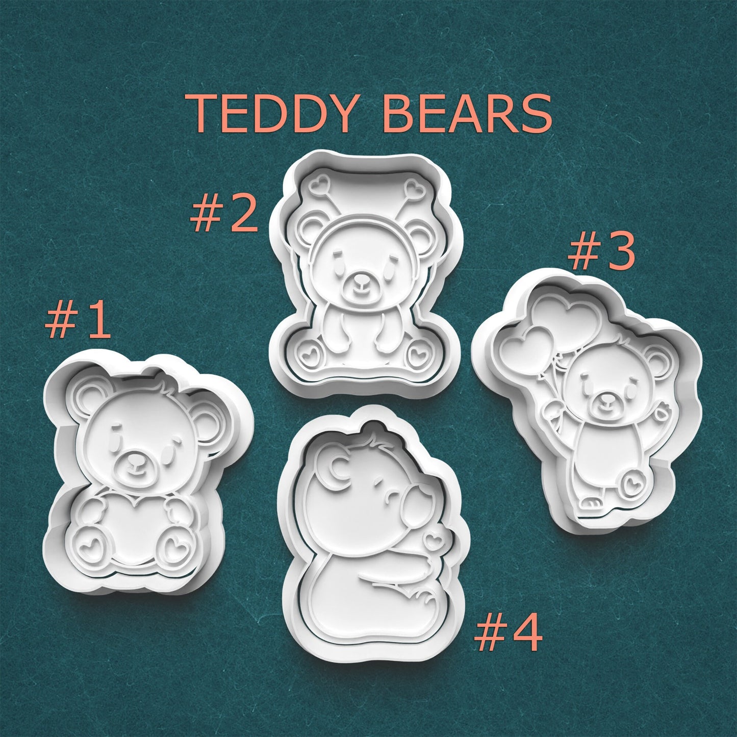 Four teddy bear-shaped cookie cutters on a teal background