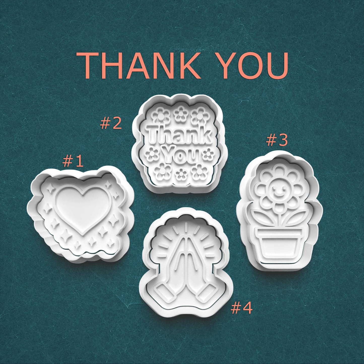 Thank You Cutter & Stamp Set – Heart, Flower, Hands & Message Shapes