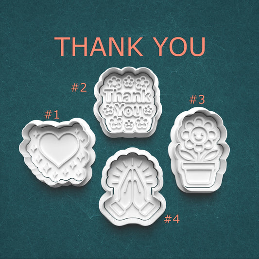 Thank You Cutter & Stamp Set – Heart, Flower, Hands & Message Shapes