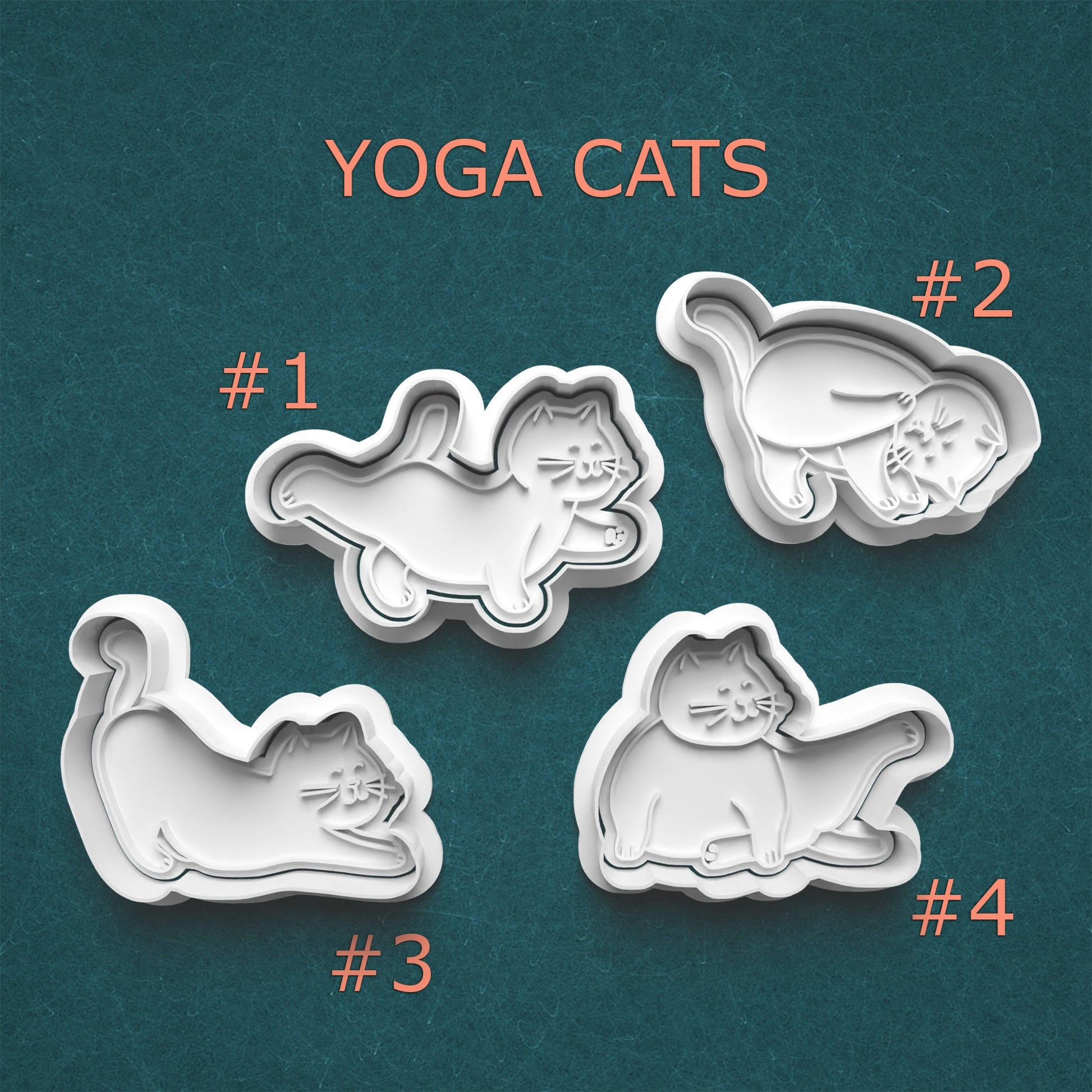 Four yoga cat-shaped cookie cutters on a teal background with 'Yoga Cats' text above.