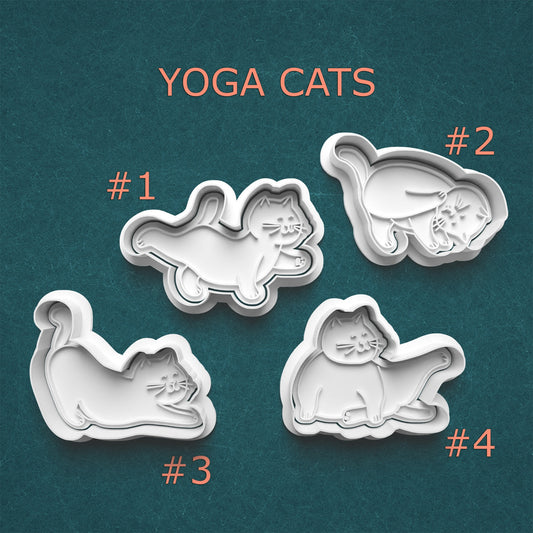 Four yoga cat-shaped cookie cutters on a teal background with 'Yoga Cats' text above.