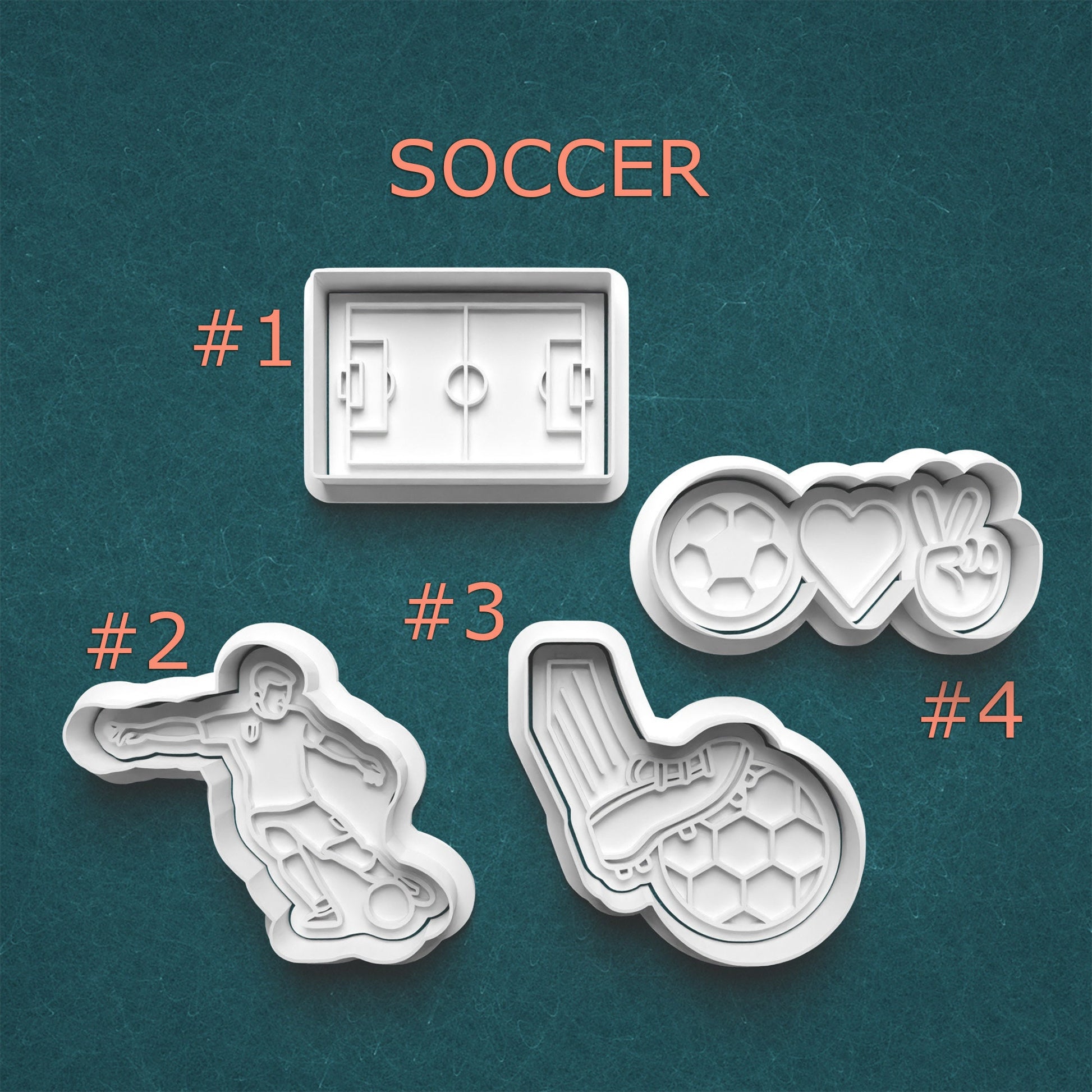 Set of soccer-themed cookie cutters on a teal background