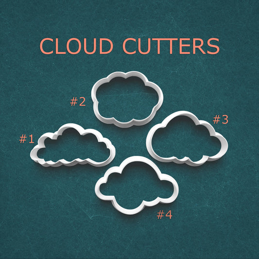 Four cloud-shaped cookie cutters with numbers on a teal background