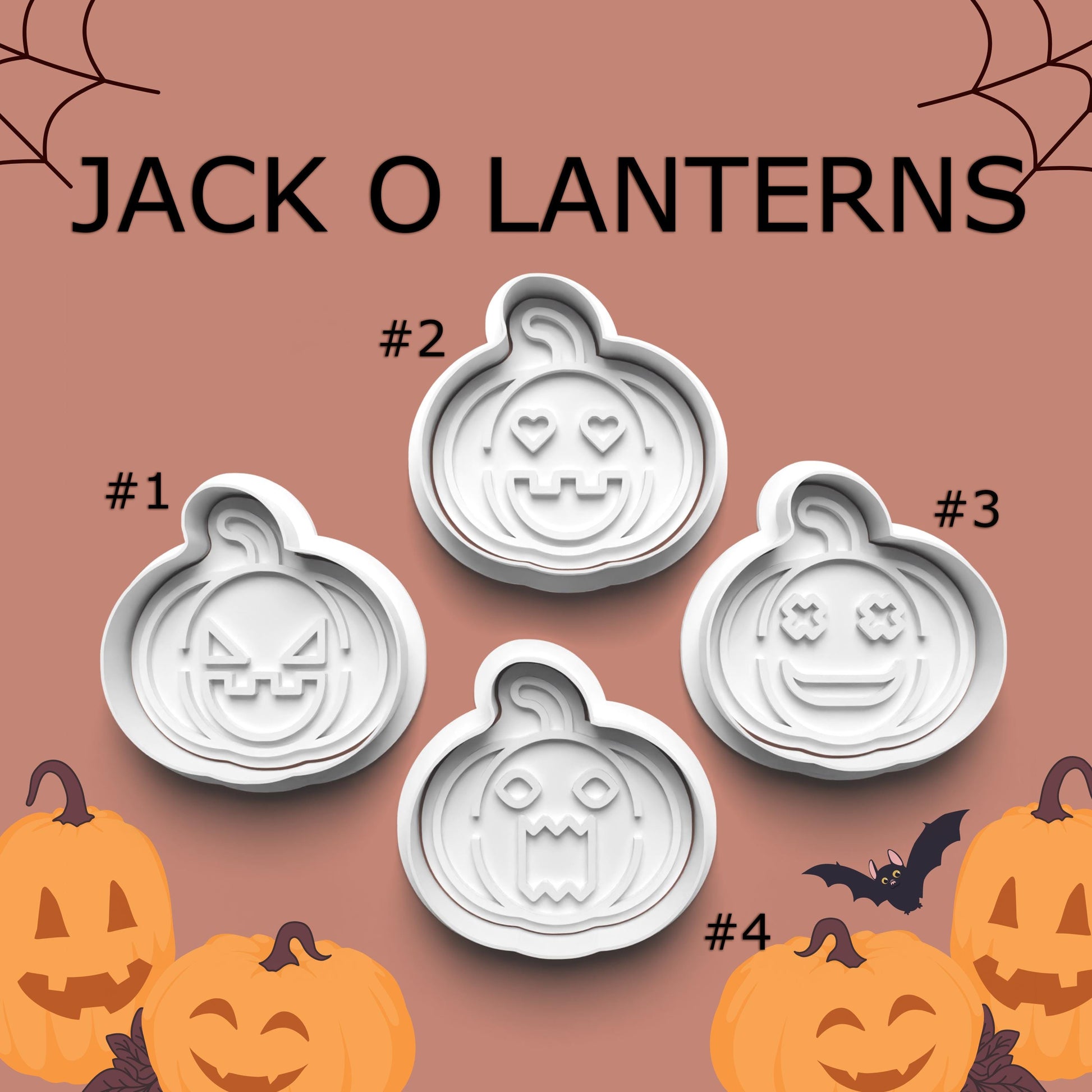 Set of jack o' lantern cookie cutters with Halloween-themed background