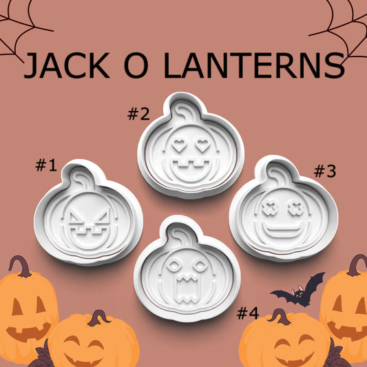 Set of jack o' lantern cookie cutters with Halloween-themed background
