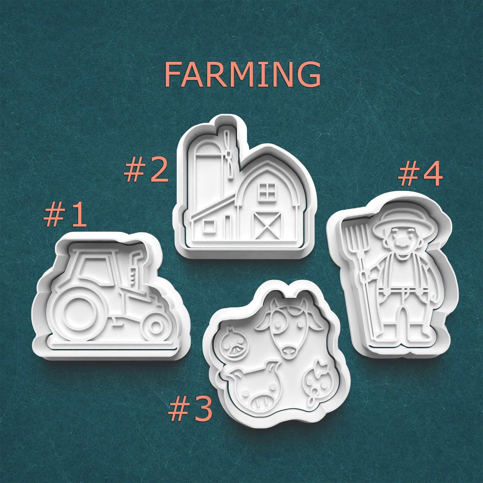 Set of farming-themed cookie cutters on a teal background