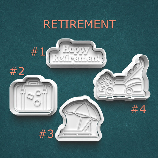 Retirement Cookie Cutter Set – Happy Retirement, Suitcase, Lawn Mower, Beach Scene