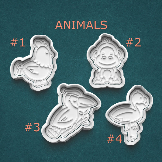 Animals Cookie Cutter & Stamp Set – Hen, Monkey, Toucan & Flamingo