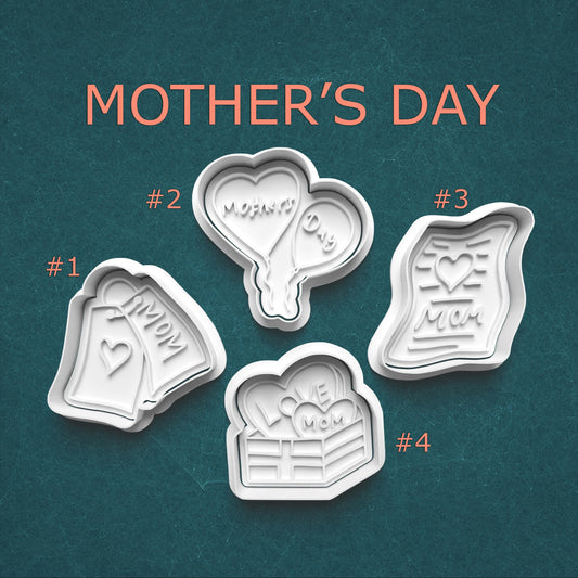 Four cookie cutters with 'MOM' and heart designs on a teal background, labeled for Mother's Day.