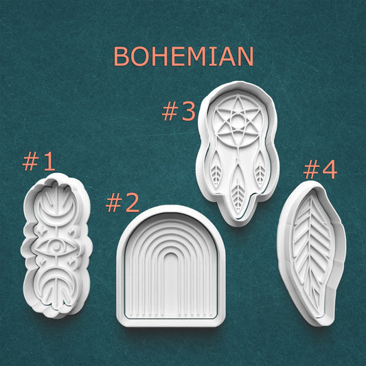 Set of four bohemian-themed cookie cutters on a teal background