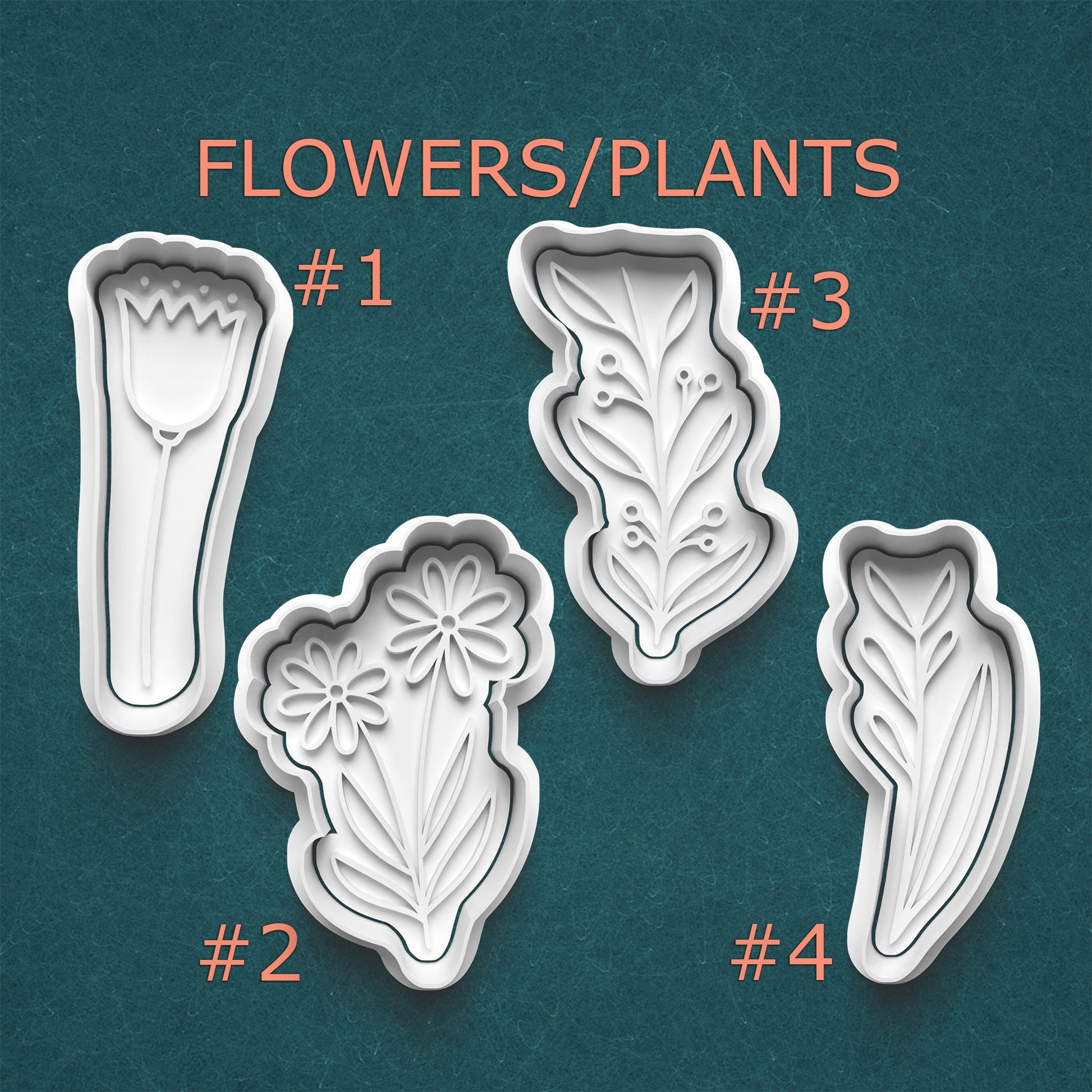 Set of four floral and leaf-shaped cookie cutters on a teal background