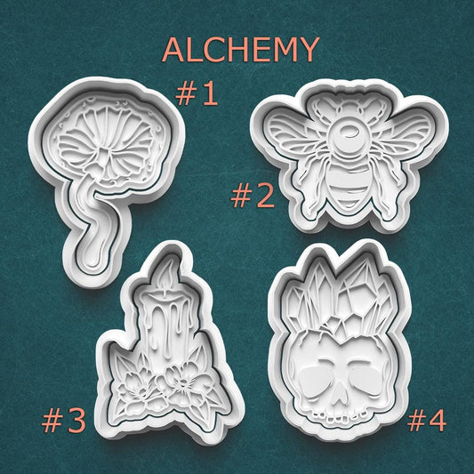 Alchemy Cookie Cutter Set ~ Mushroom ~ Bee ~ Candle ~ Crystal Skull Polymer Clay Stamp
