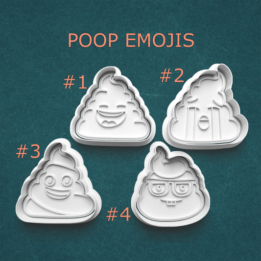 Four poop emoji cookie cutters on a dark green background with 'POOP EMOJIS' text.