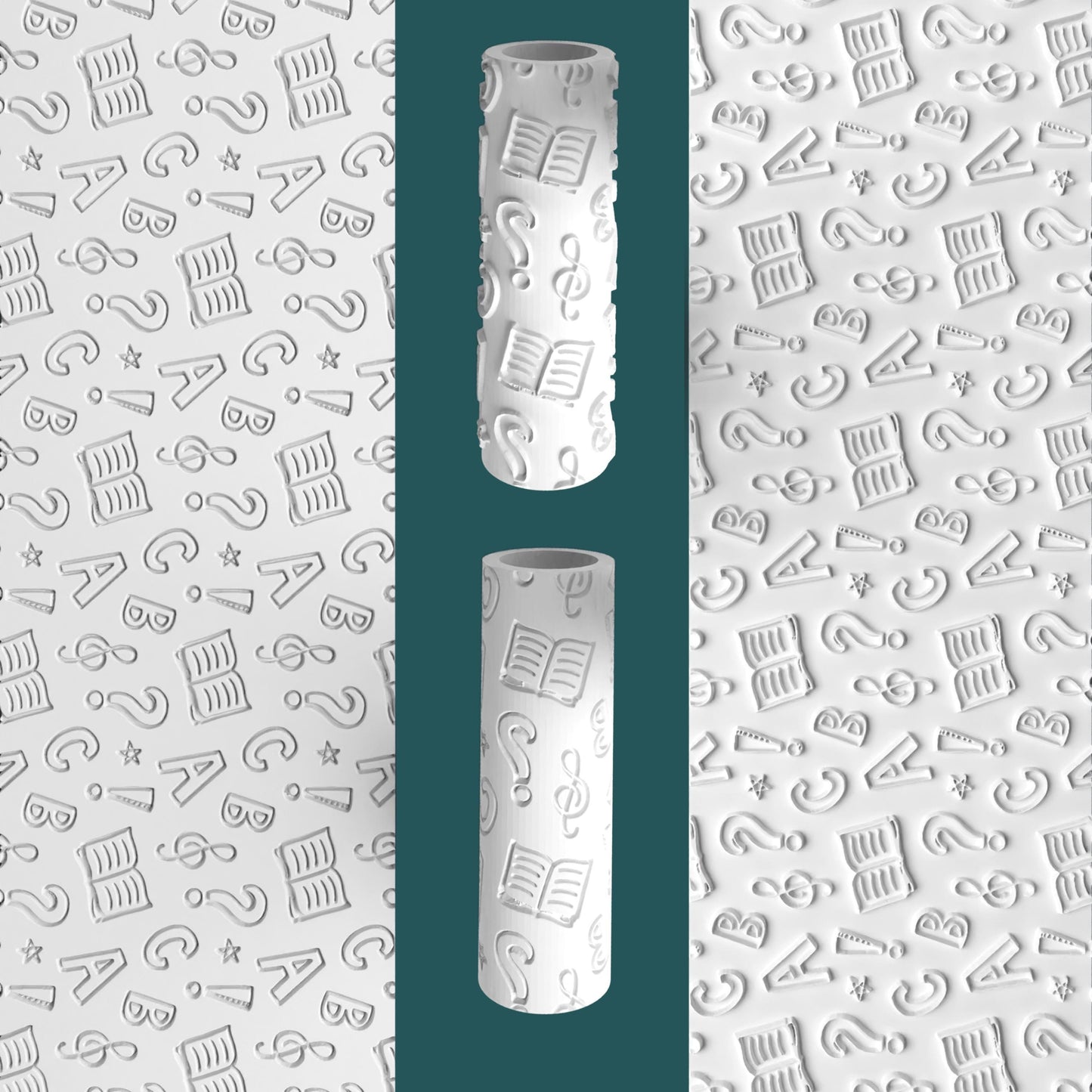 Two cylindrical objects with embossed patterns on a background with letter and symbol embossing.