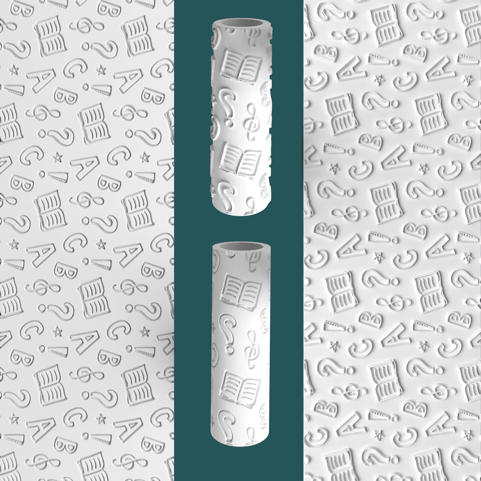 Two cylindrical objects with embossed patterns on a background with letter and symbol embossing.