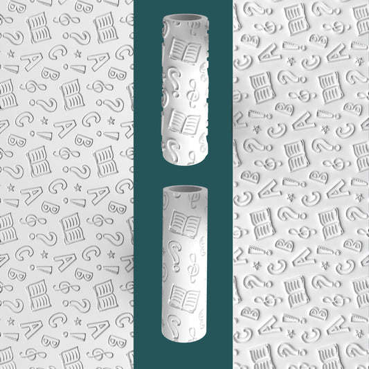 Two cylindrical objects with embossed patterns on a background with letter and symbol embossing.