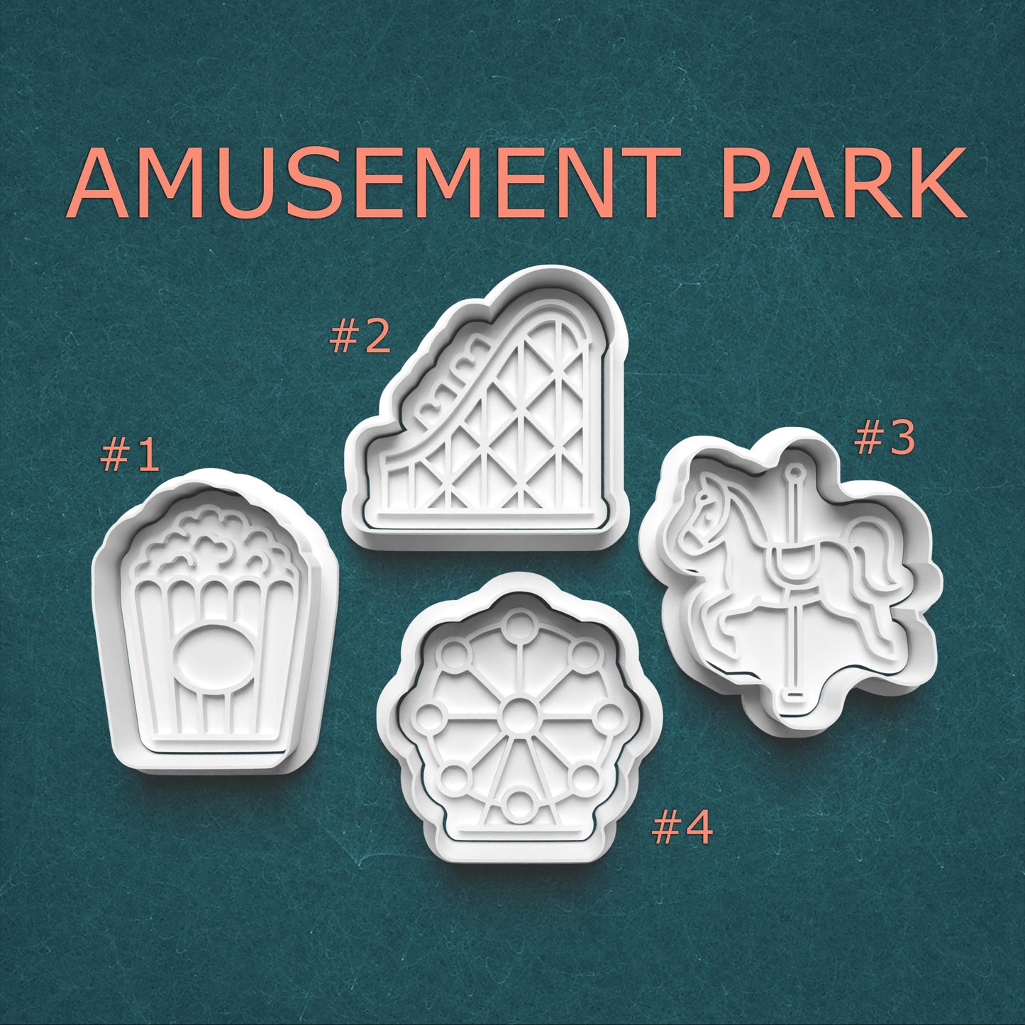 Amusement Park Cookie Cutter and Stamp Set ~ Popcorn ~ Ferris Wheel ~ Roller Coaster ~ Carousel