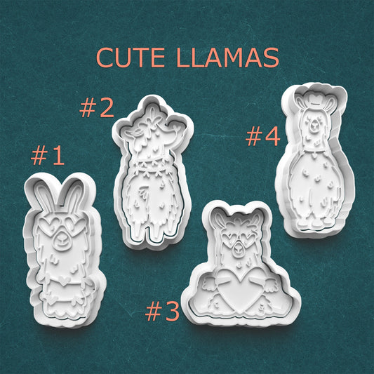 Four cute llama-shaped cookie cutters on a teal background with numbers indicating their order.
