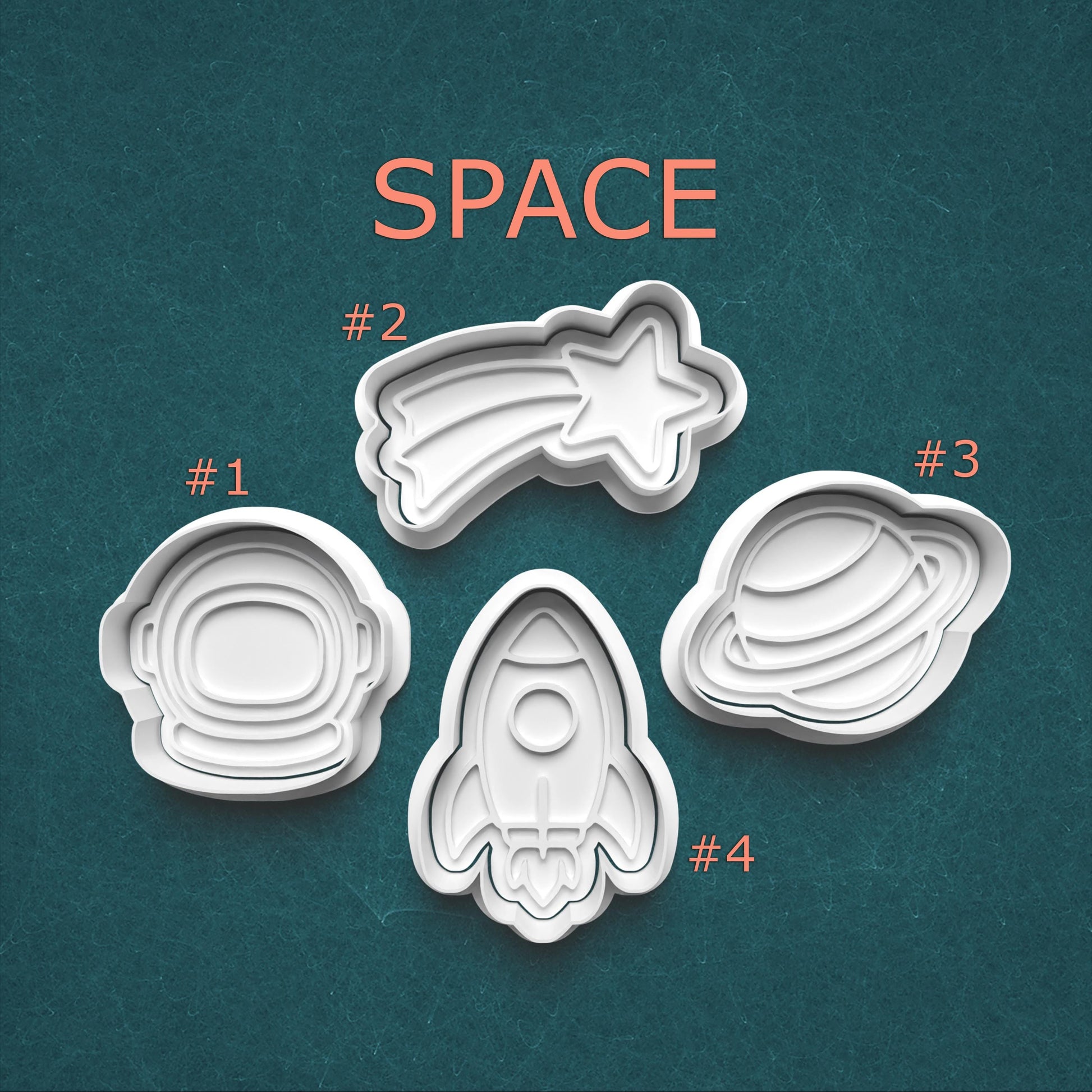 Set of four space-themed cookie cutters on a teal background with 'SPACE' text.