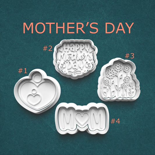 Four cookie cutters with different designs on a teal background, labeled for Mother's Day.