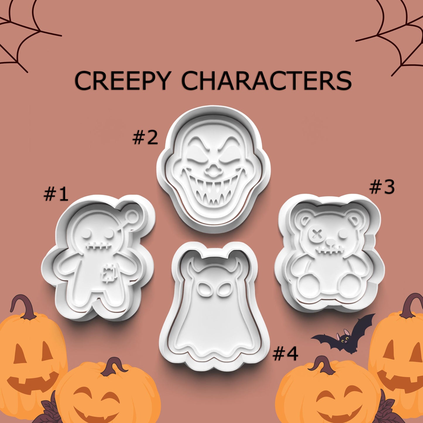 Set of Halloween-themed cookie cutters with pumpkins and bats on a brown background.