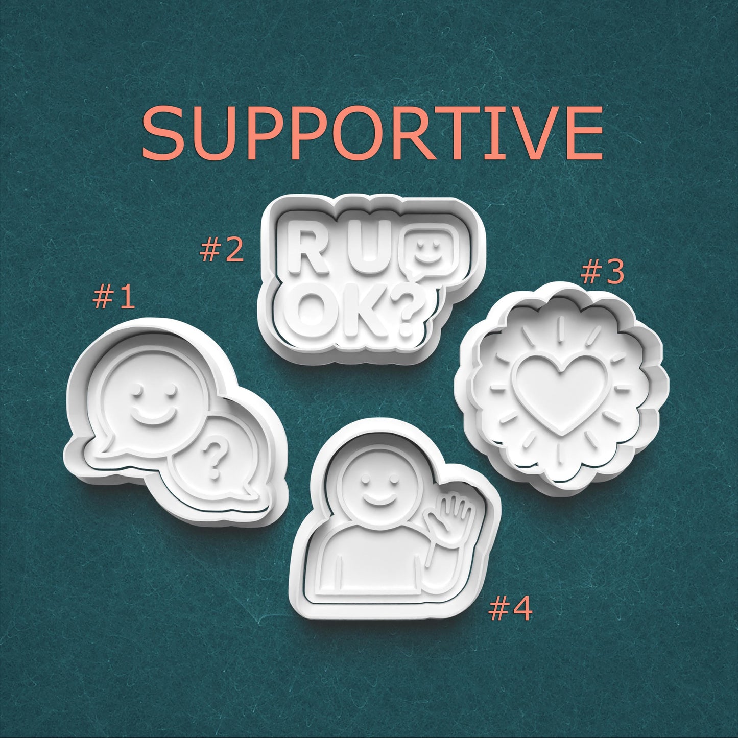 Set of four cookie cutters with text and shapes on a teal background, labeled 'Supportive'.