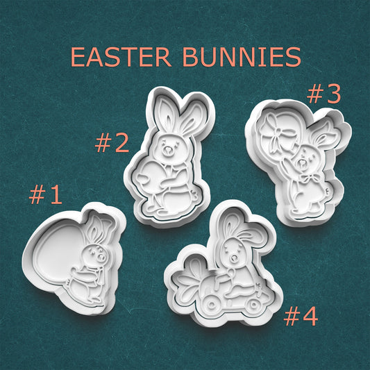 Four Easter bunny-shaped cookie cutters on a teal background with 'Easter Bunnies' text.