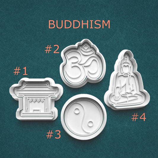 Four cookie cutters with Buddhism-themed designs on a teal background