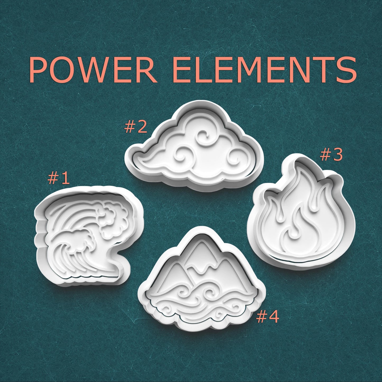 Four cookie cutters shaped like power elements on a teal background with 'Power Elements' text.