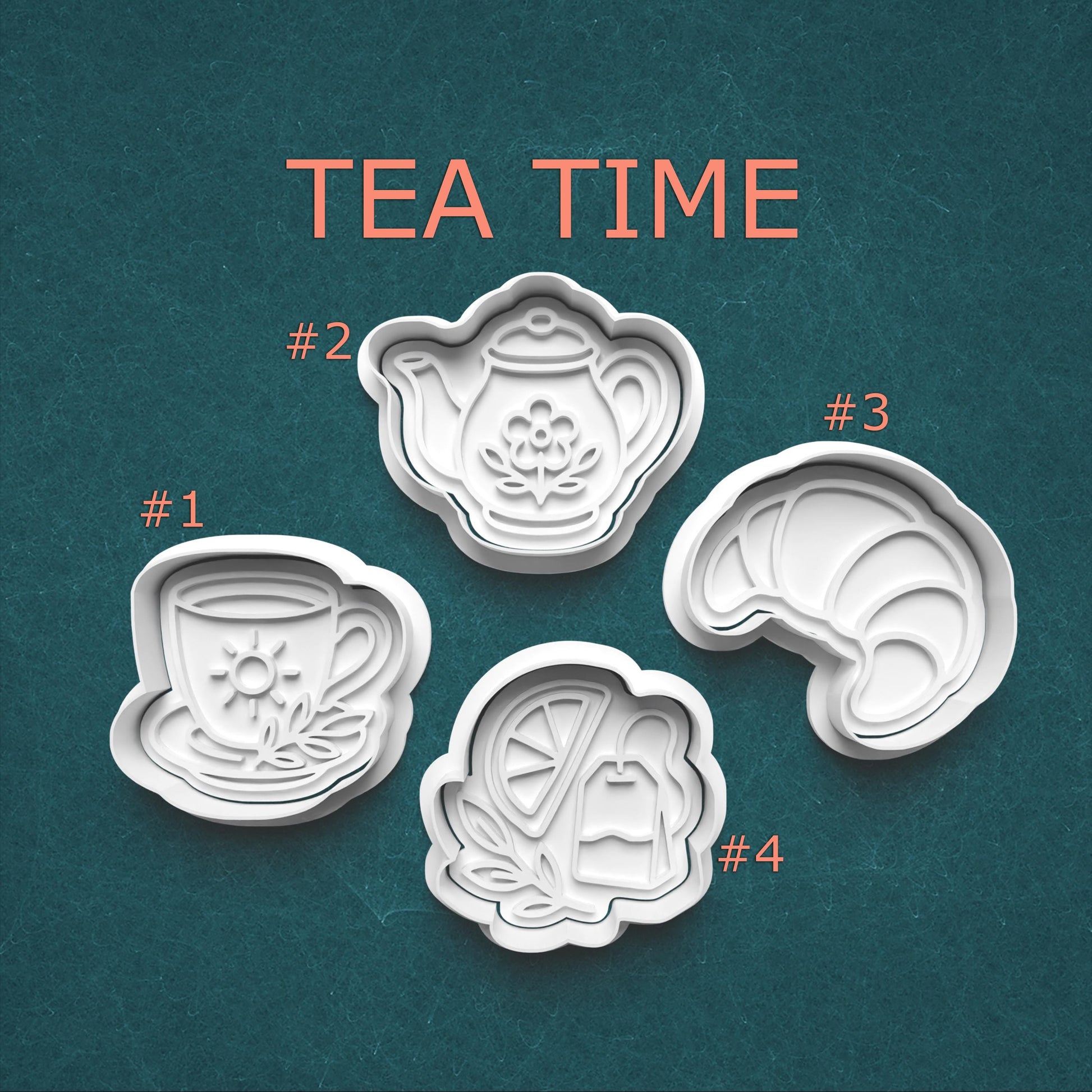 Four tea-themed cookie cutters on a teal background with 'TEA TIME' text.