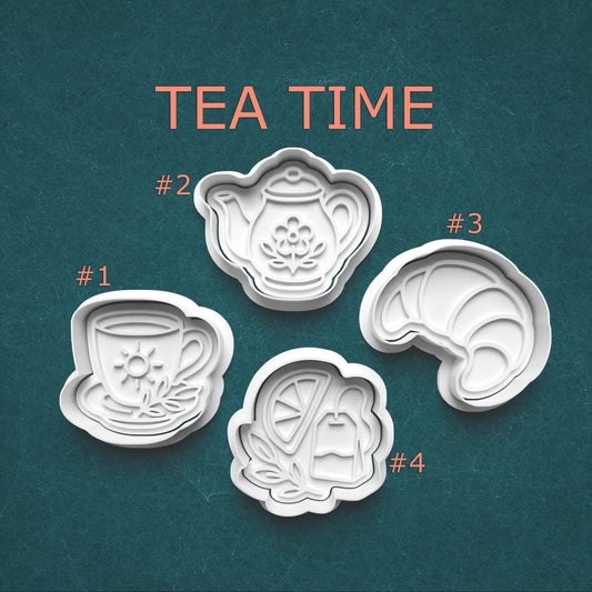 Four tea-themed cookie cutters on a teal background with 'TEA TIME' text.