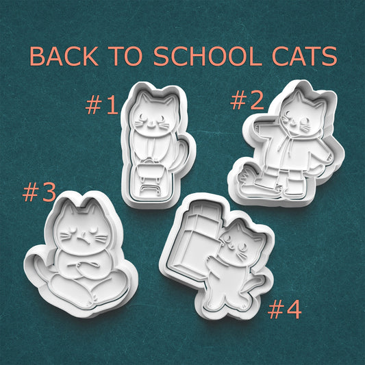 Four cat-shaped cookie cutters with 'Back to School Cats' text on a teal background