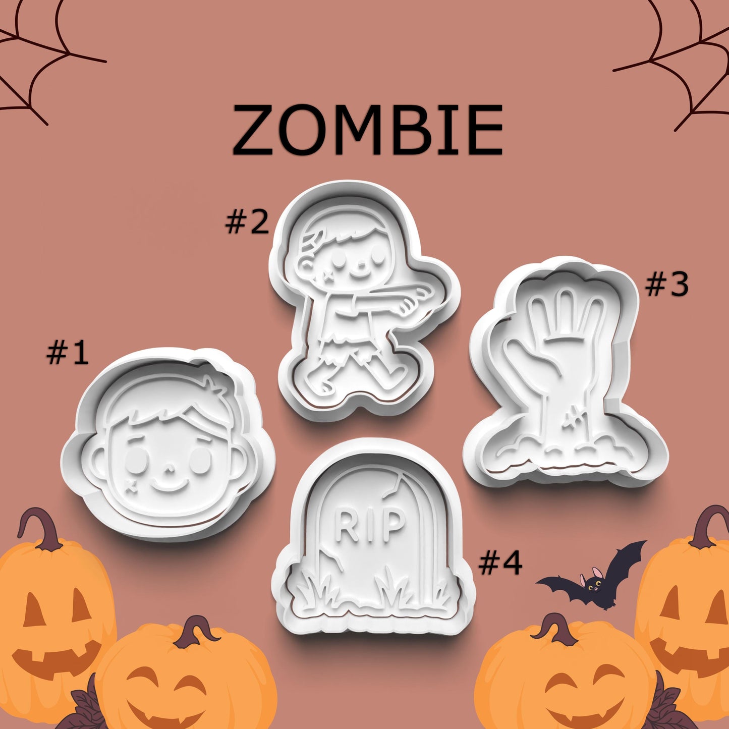 Set of Halloween-themed cookie cutters with zombie design on a brown background with pumpkins and bats.